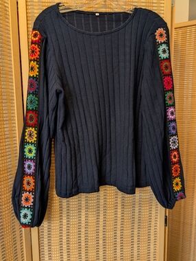 Women’s Navy Ribbed Sweater Top with Multicolor Crochet Sleeve Detail